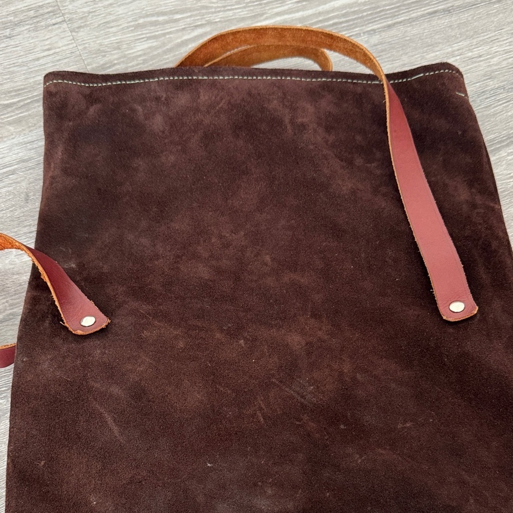 Handmade Suede and Leather Brown and Burgundy Fold Over Slouchy Bucket Bag - Picture 6 of 14